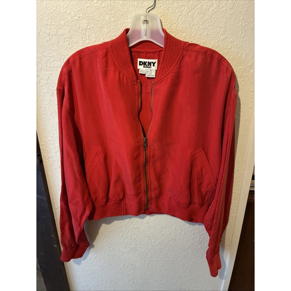 vtg DKNY silk jacket light wieght red size med Full Zip